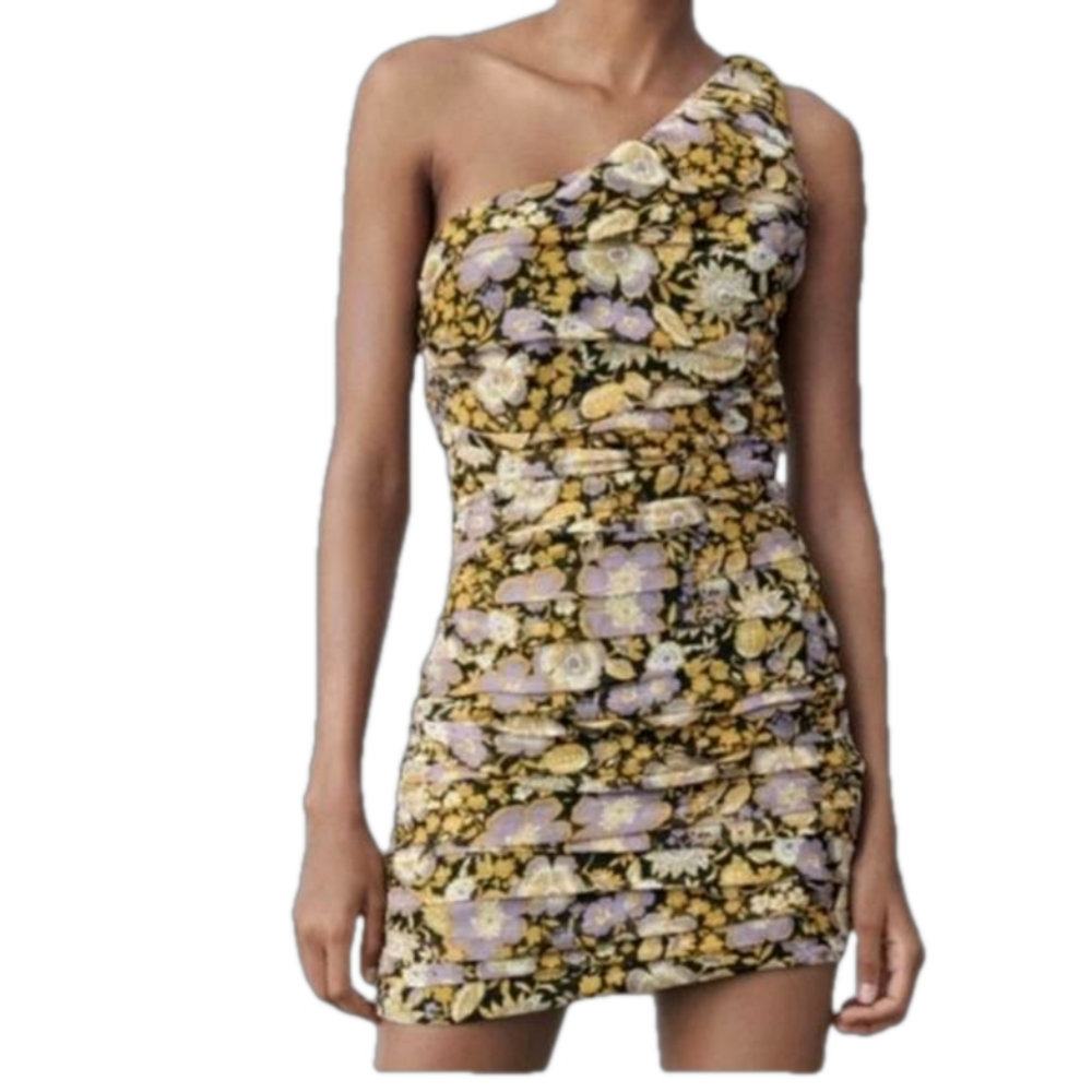 Zara Micro Pleated Asian Floral One Shoulder Mini Dress S Summer Shirred Y2k